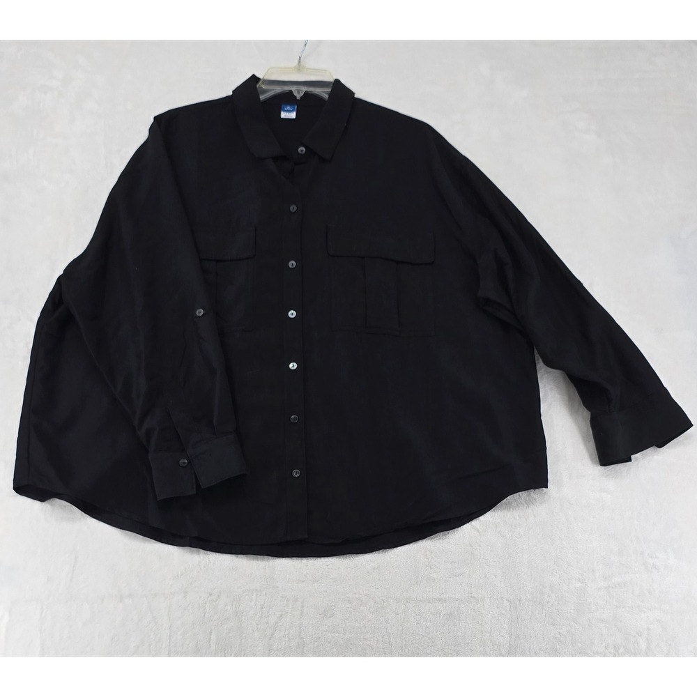 Old Navy Button Down Womens XL Petite Shirt Black Utility Roll Tab Sleeve Pocket